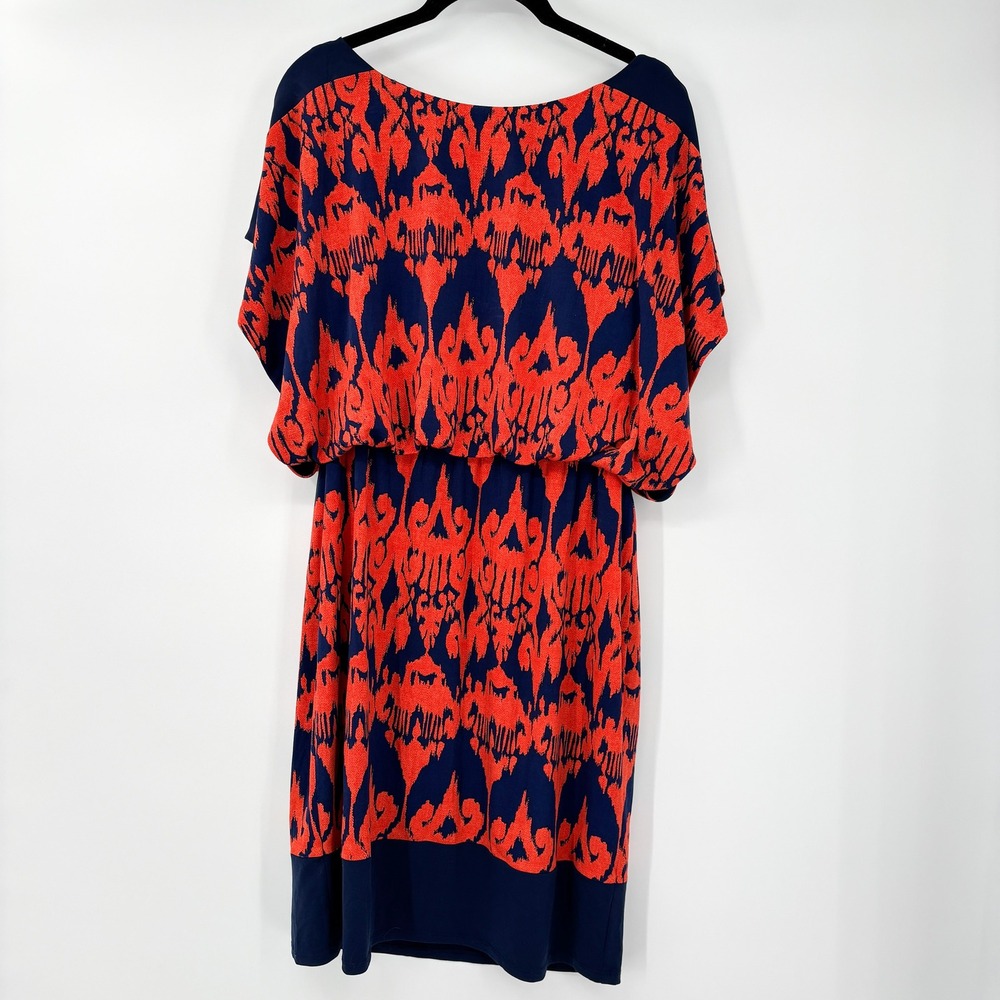 Signature by Sangria Navy Orange Print Dress Size 10 Batwing Sleeve Lined Cruise